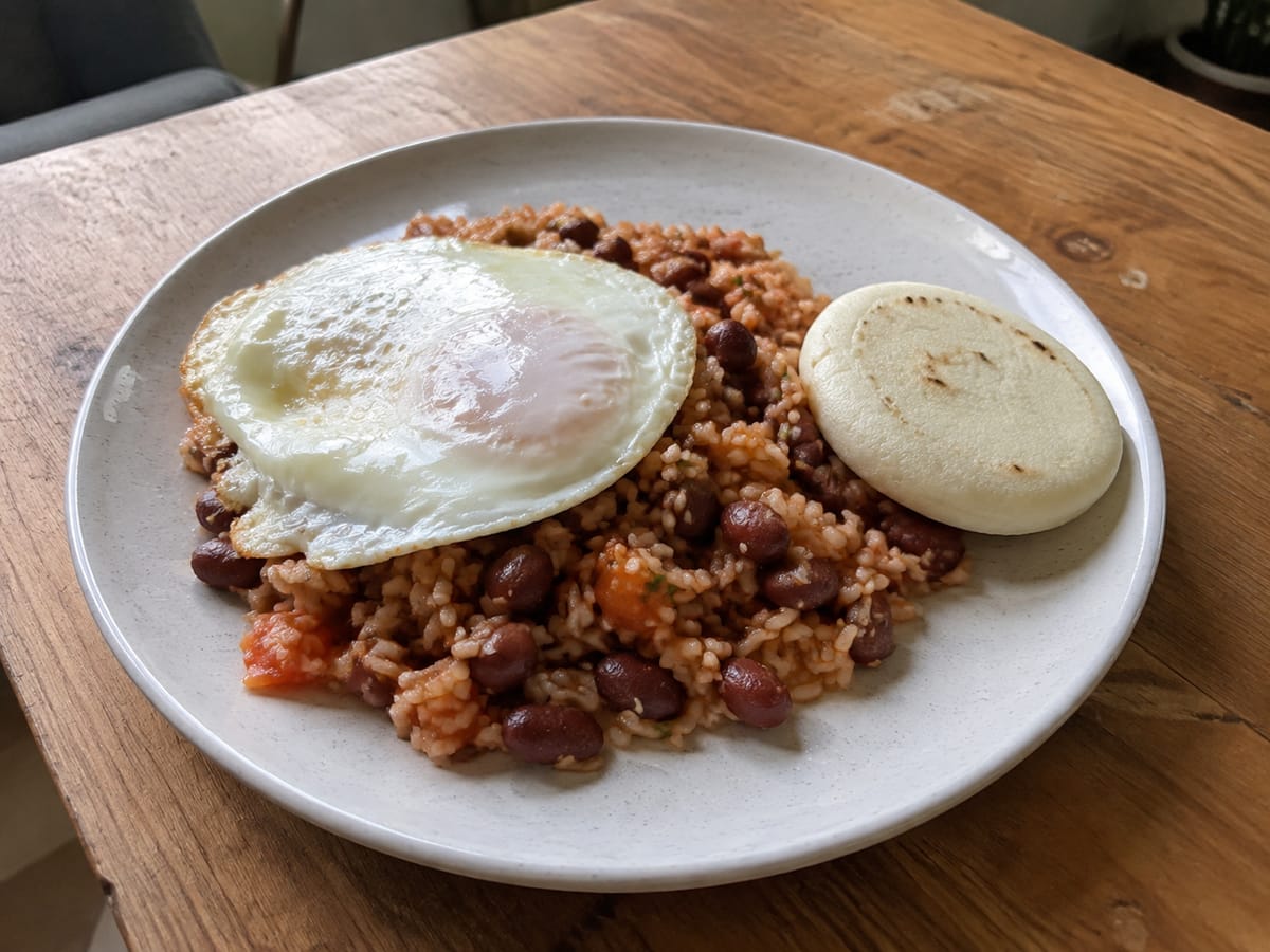 Calentado paisa de arroz y fríjoles coronado con huevo frito