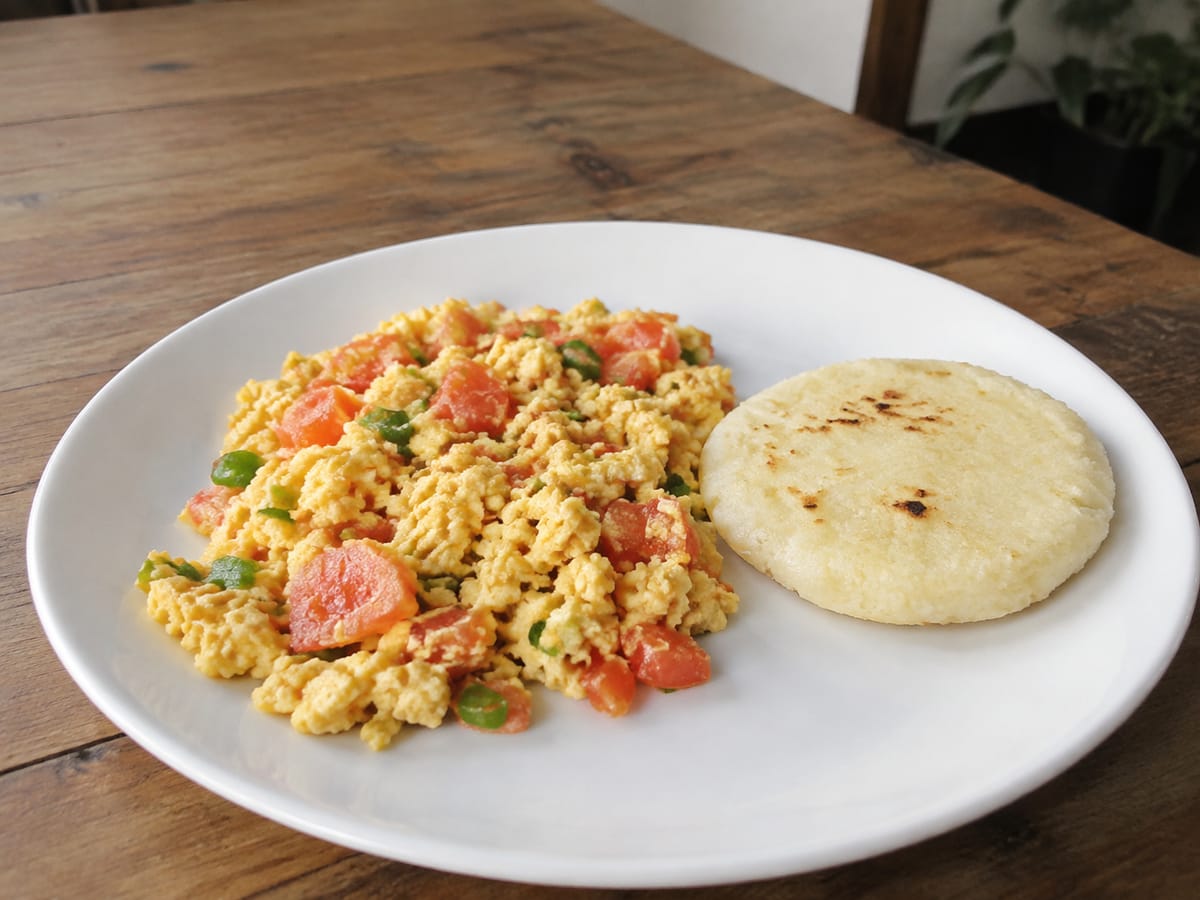 Huevos pericos colombianos con tomate y cebolla larga servidos con arepa